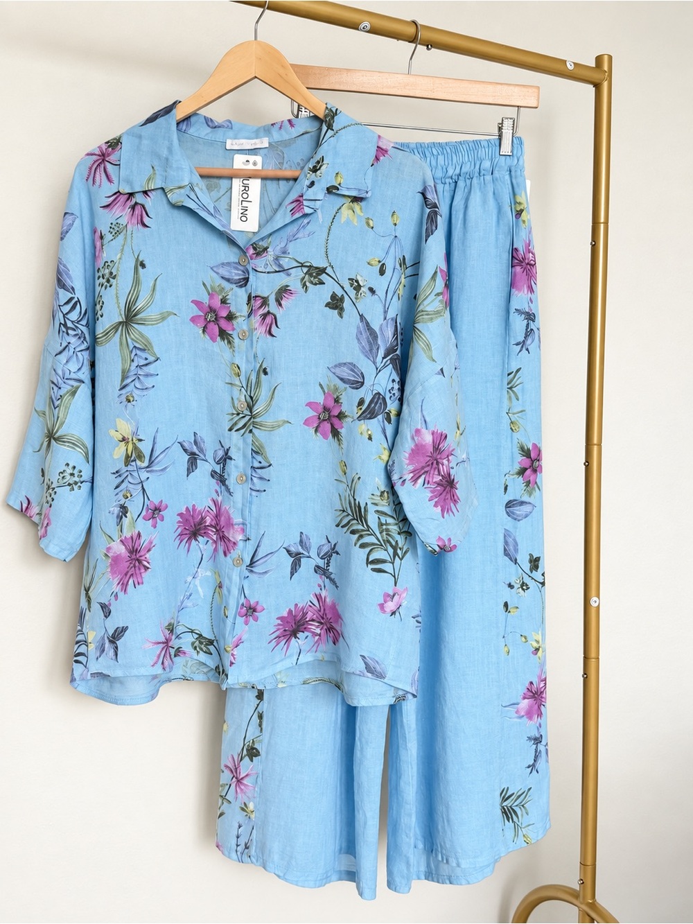IT034 🇮🇹 Made in Italy 100% Linen Blue Floral Shirt & Wide Leg Pants Set